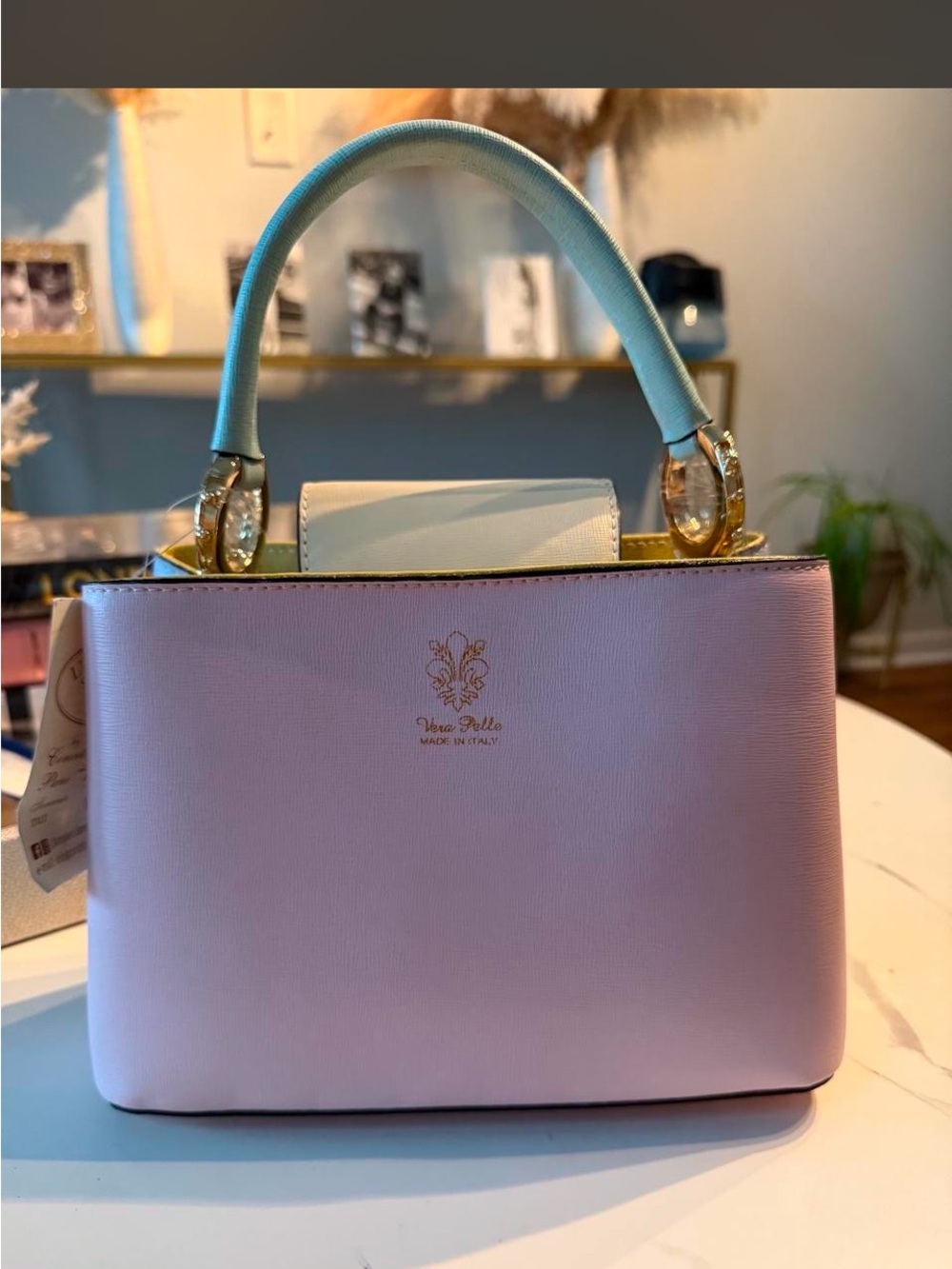 Vera Pelle Pastel Pink Satchel with Light Blue Handle